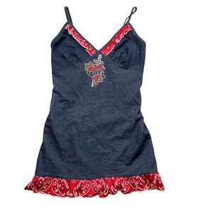 Madam‎ D Large Camie Denim Blue Bedazzled Jeweled Heart Sword Poly Blend